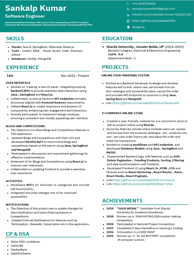 Sankalp Resume 2 Years | PDF | Java (Programming Language) | Software ...