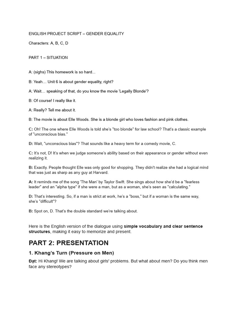 English Project Script - Gender Equality (1) | PDF