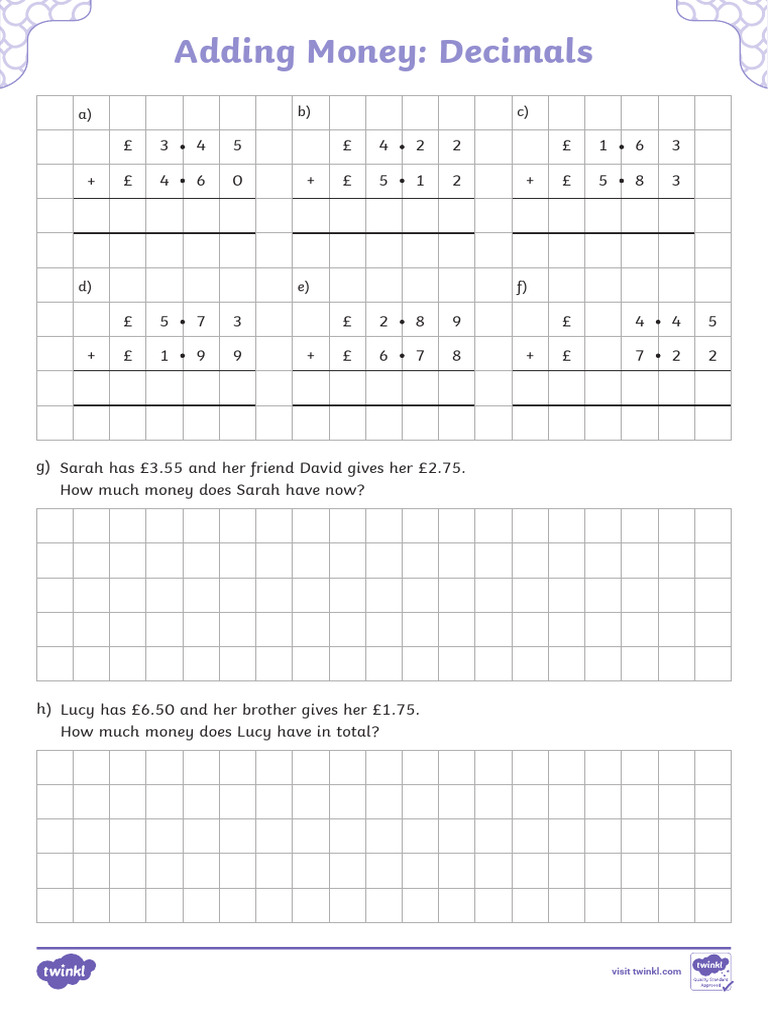 Adding Money Decimals Worksheet | PDF