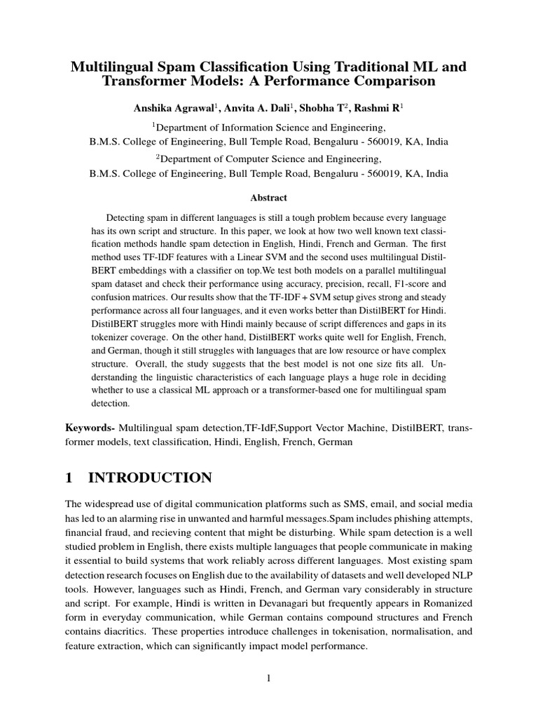 Multilingual Spam Classification Using Traditional ML and Transformer ...
