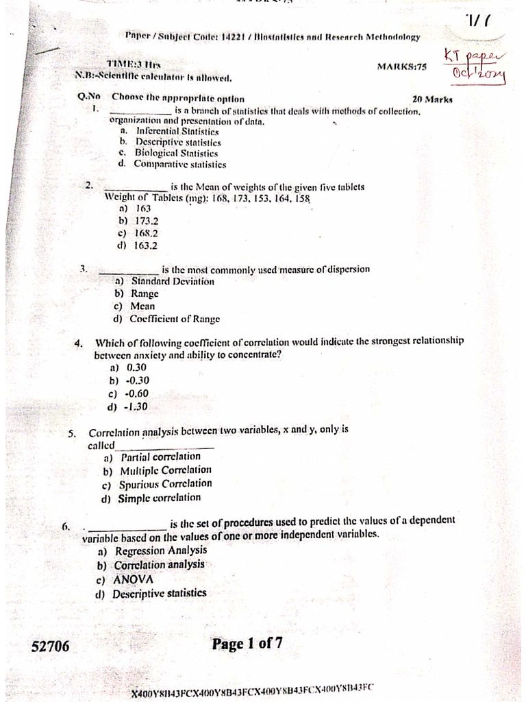 BRM KT Paper 2024 With Answer Key | PDF | Biostatistics | Standard ...