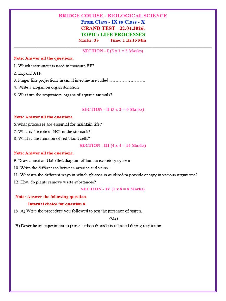 Bridge Course Grand Test Bs Ix - x - Question Paper With Key (22.04. ...