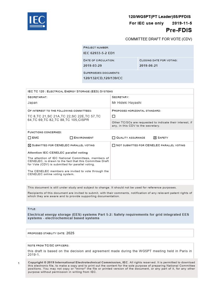 IEC 62933-5-2 Battery Storage Specification | PDF