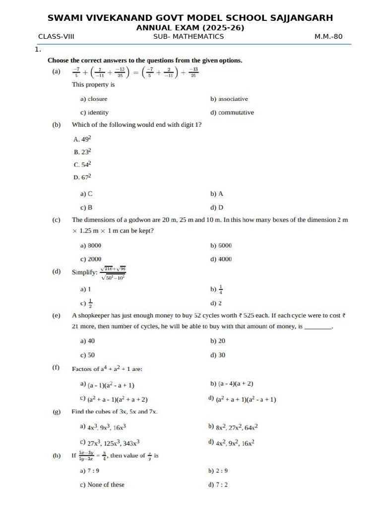 Class 8 Math Yearly 2026 | PDF