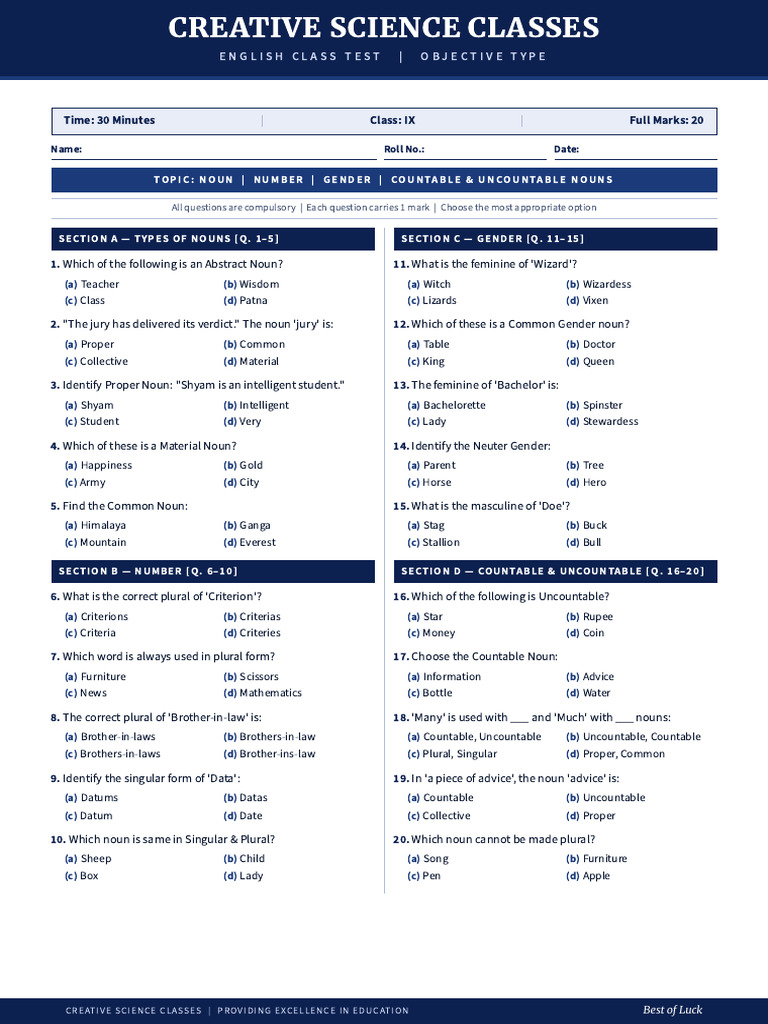 English Test Paper.html | PDF | Plural | Grammatical Gender