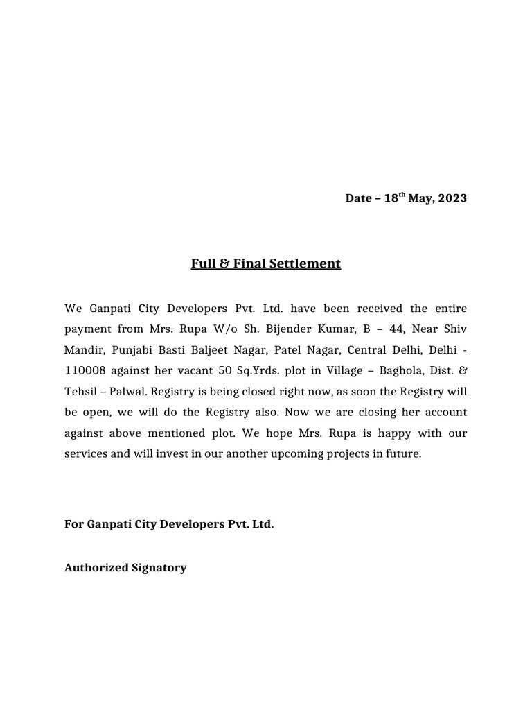 Full and Final Letter | PDF