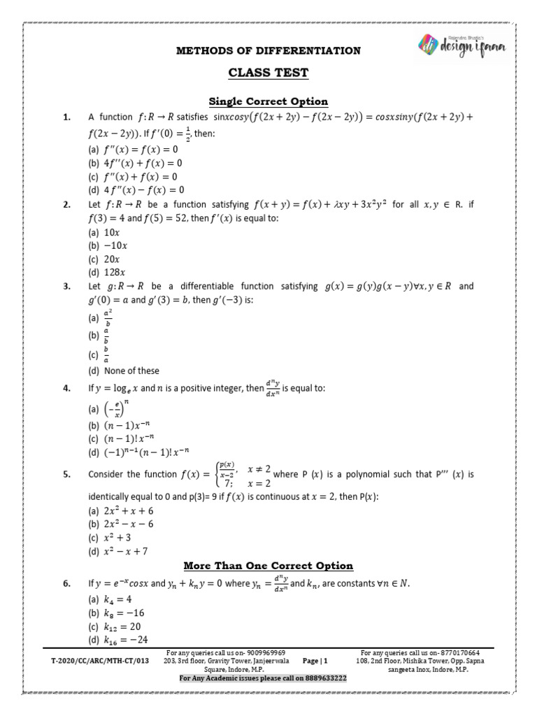 9. Class Test-methods of Differentiation | PDF | Function (Mathematics ...