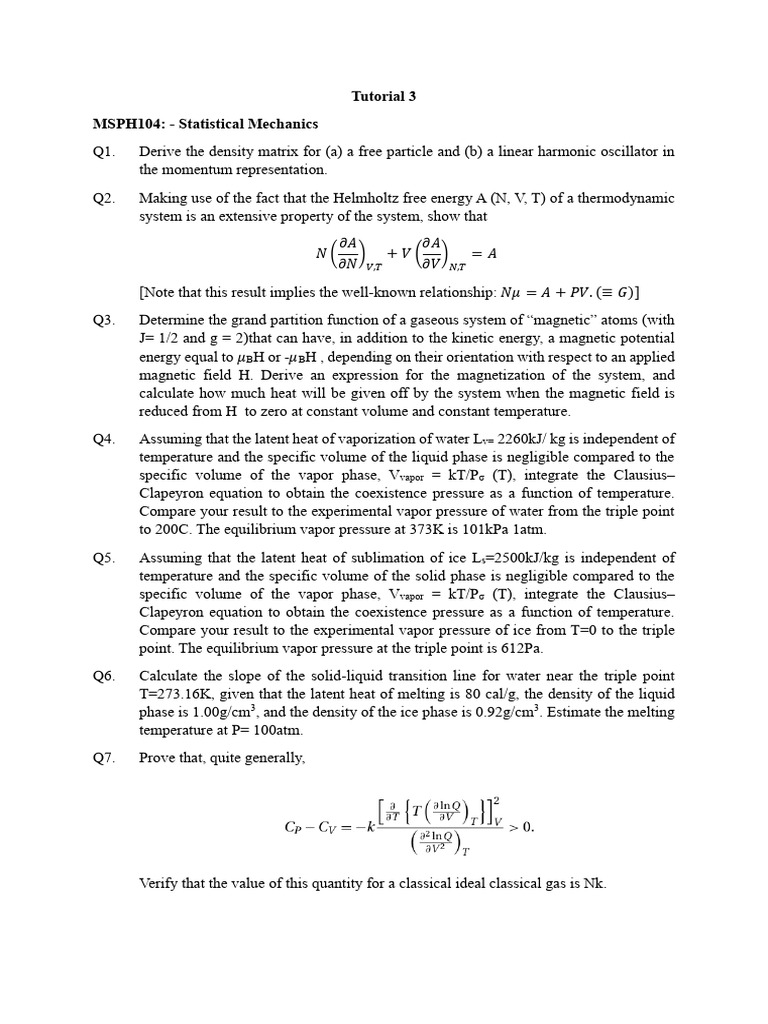 Tutorial 3 NEW SM | PDF | Physical Sciences | Thermodynamic Properties