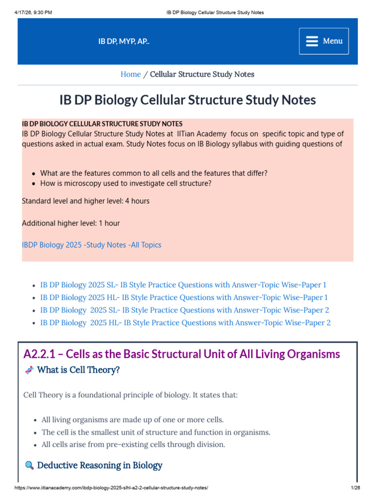 IB DP Biology Cellular Structure Study Notes | PDF | Cell (Biology ...