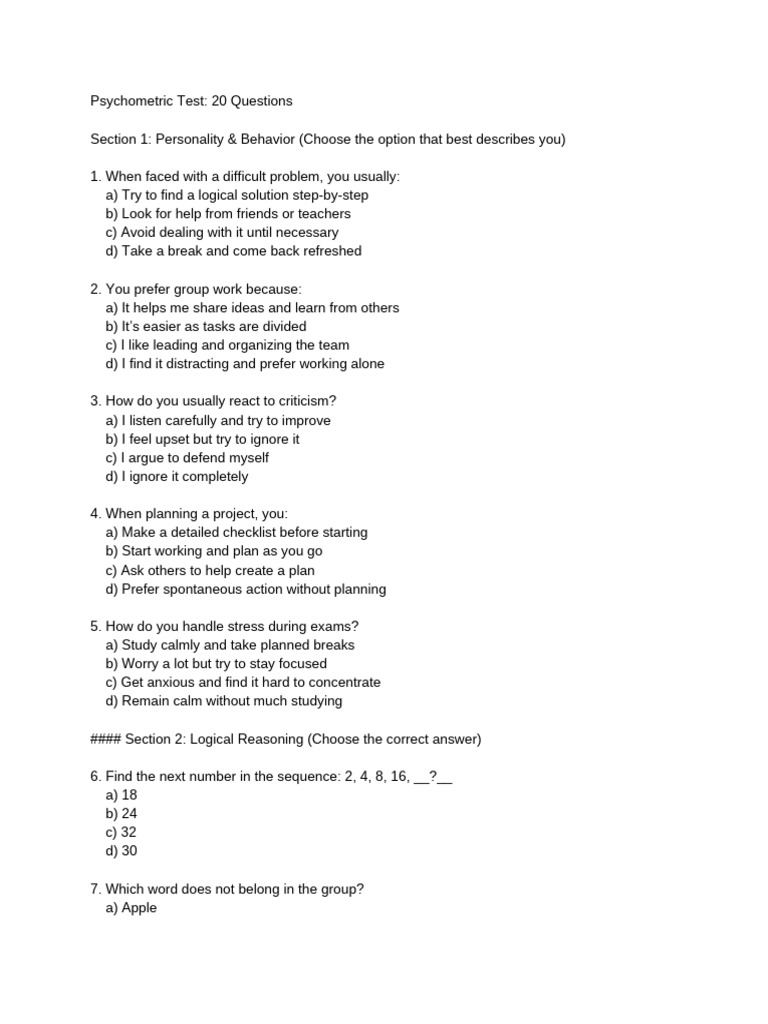 Psychometric Test- 20 Questions | PDF | Behavioural Sciences | Cognition