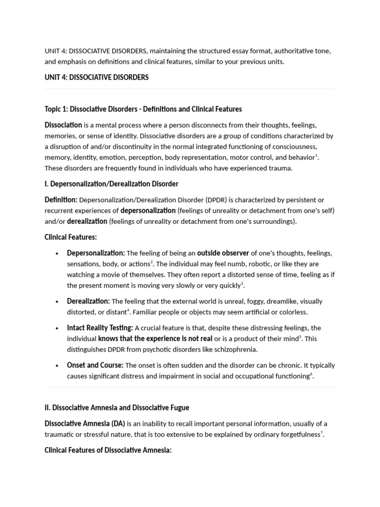 UNIT 4 Notes | PDF | Dissociation (Psychology) | Psychological Trauma