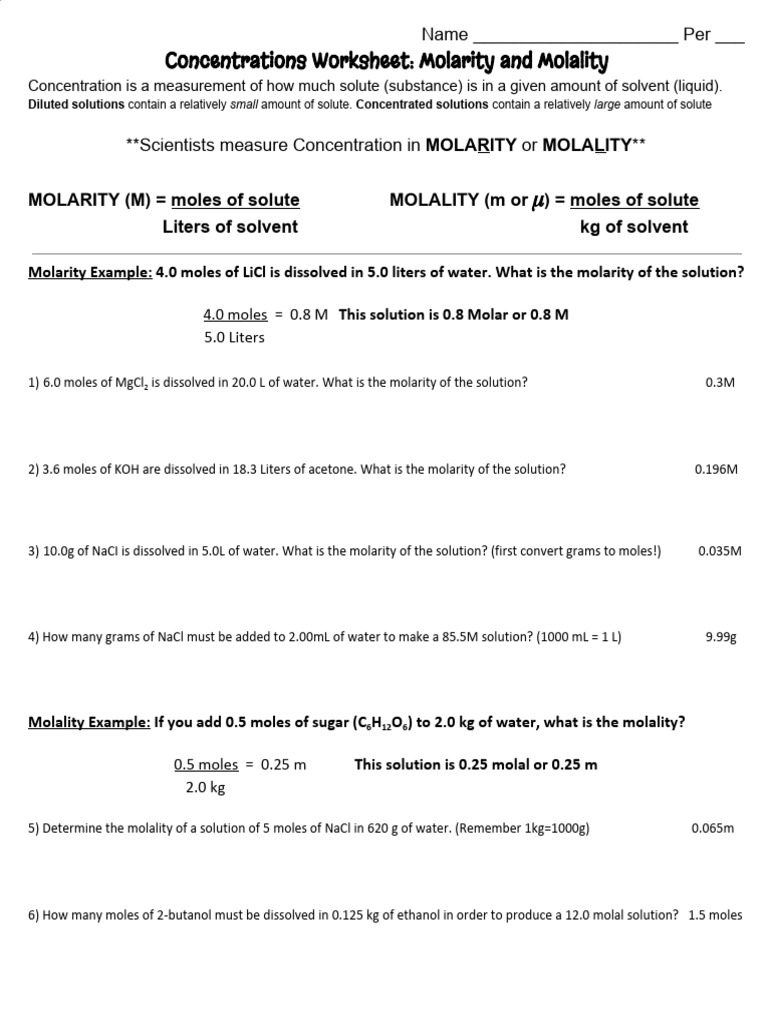 Molarity Molality Worksheet | PDF | Potassium Chloride | Concentration