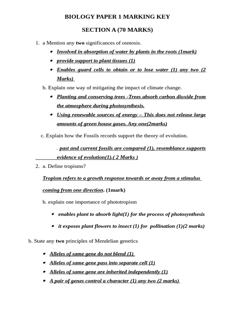 Biology Paper 1 A Marking Key | PDF | Biology