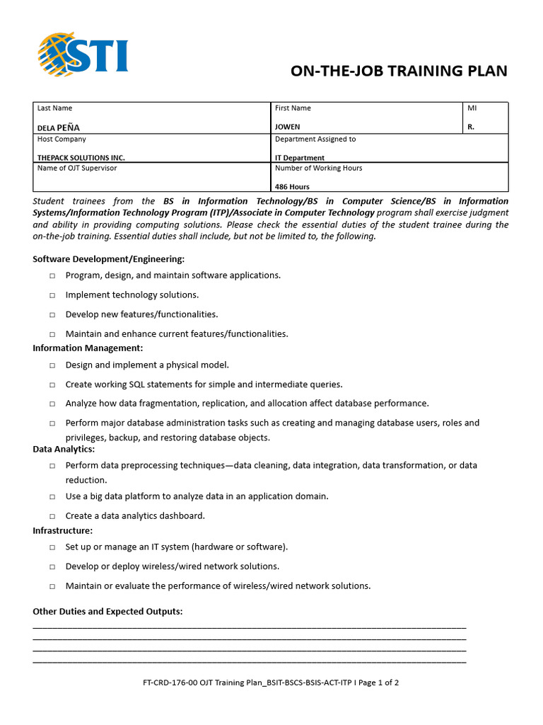 Ft Crd 176 00 Ojt Training Plan_bsit Bscs Bsis Act Itp | PDF ...
