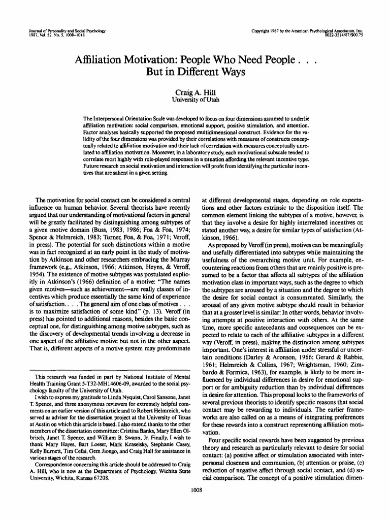 Hill j Psp Affiliation Motivation 1987 | PDF | Motivational | Motivation