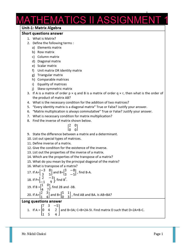 Matrix Questions 1 2 1 | PDF | Matrix (Mathematics) | Mathematical Objects