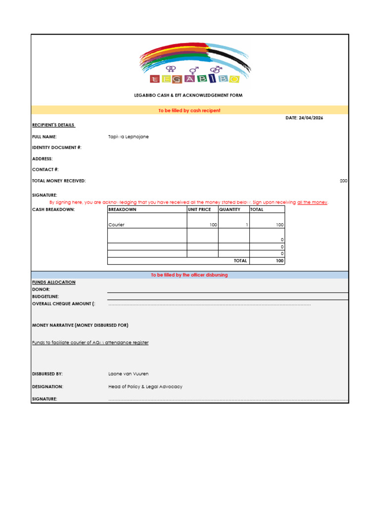 Cash Acknowledgement Form.xlsx - Nozie-2 | PDF