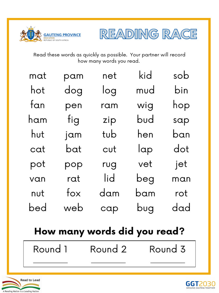 Reading Race Blending Words Worksheet | PDF | Fluency