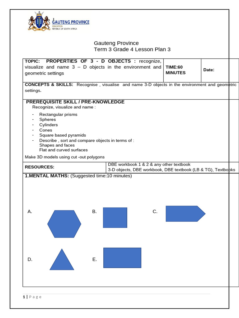 Properties of 3 -D Objects Grade 5 Term 3 Lesson 3 | PDF | Shape ...