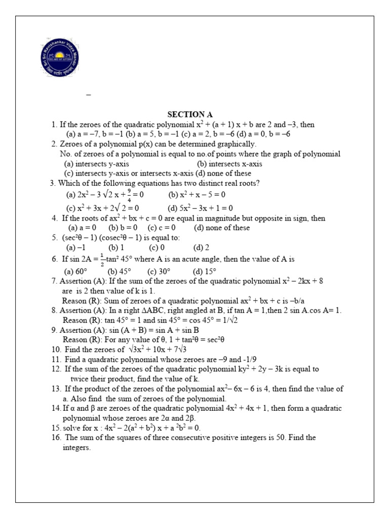 Level - 1 Worksheet Grade 10 | PDF | Quadratic Equation | Polynomial