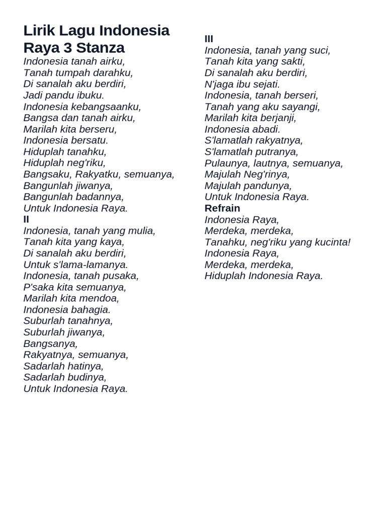 Lirik Lagu Indonesia Raya 3 Stanza | PDF