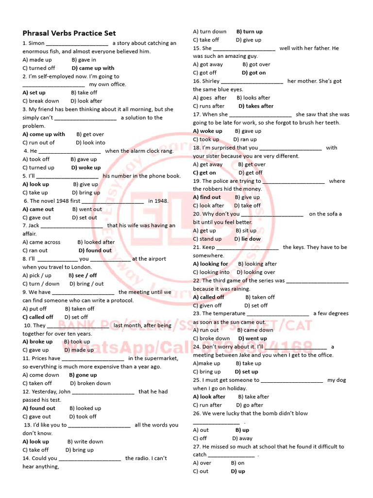 Phrasal Verbs Practice Set. Answer 1 | PDF