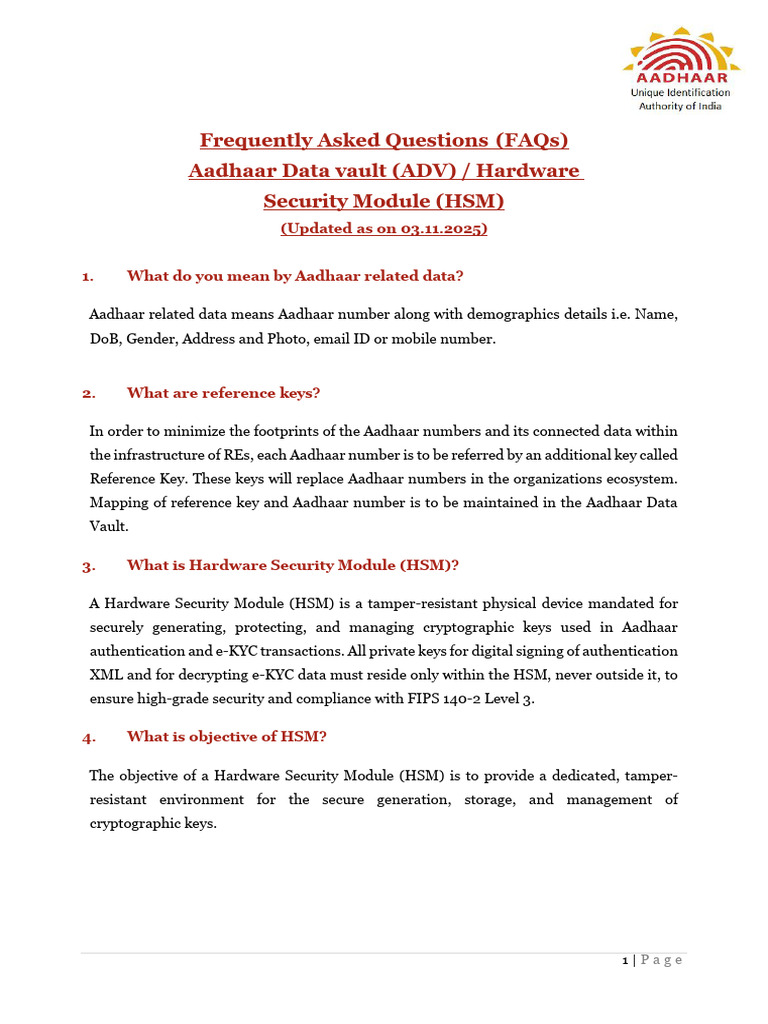 FAQs Aadhaar Data Vault 03112025 v10 | PDF | Computing | Crime Prevention
