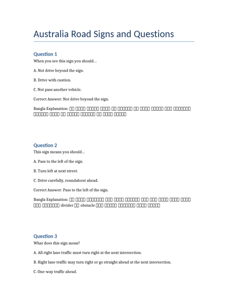 Australia Road Signs Questions Full | PDF