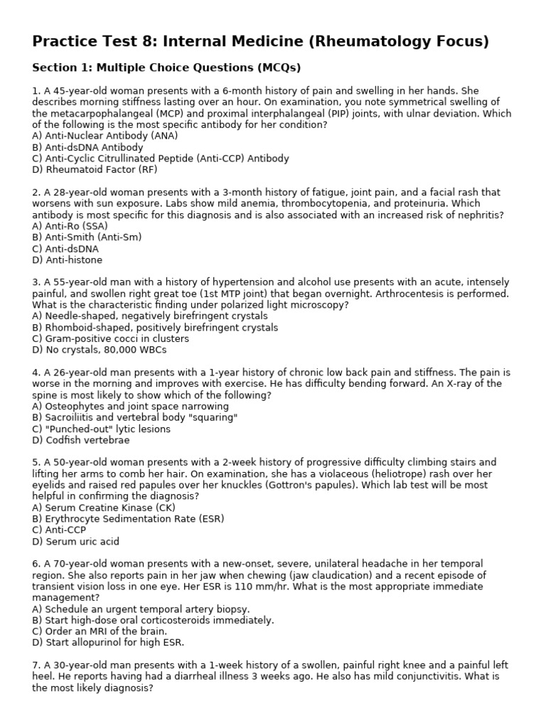 Internal Medicine Rheumatology Test | PDF | Arthritis | Rheumatoid ...