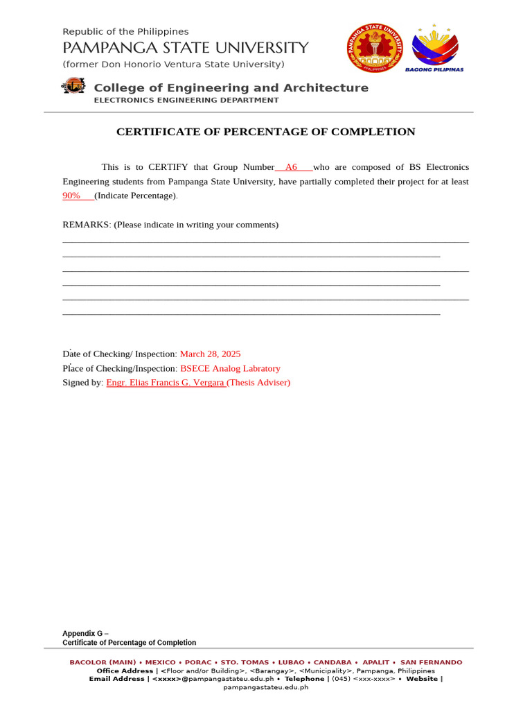 Appendix G Certificate of Percentage of Completion | PDF