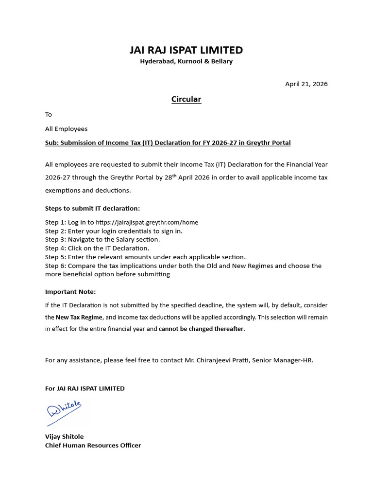Circular IT Declaration 2026 27 | PDF