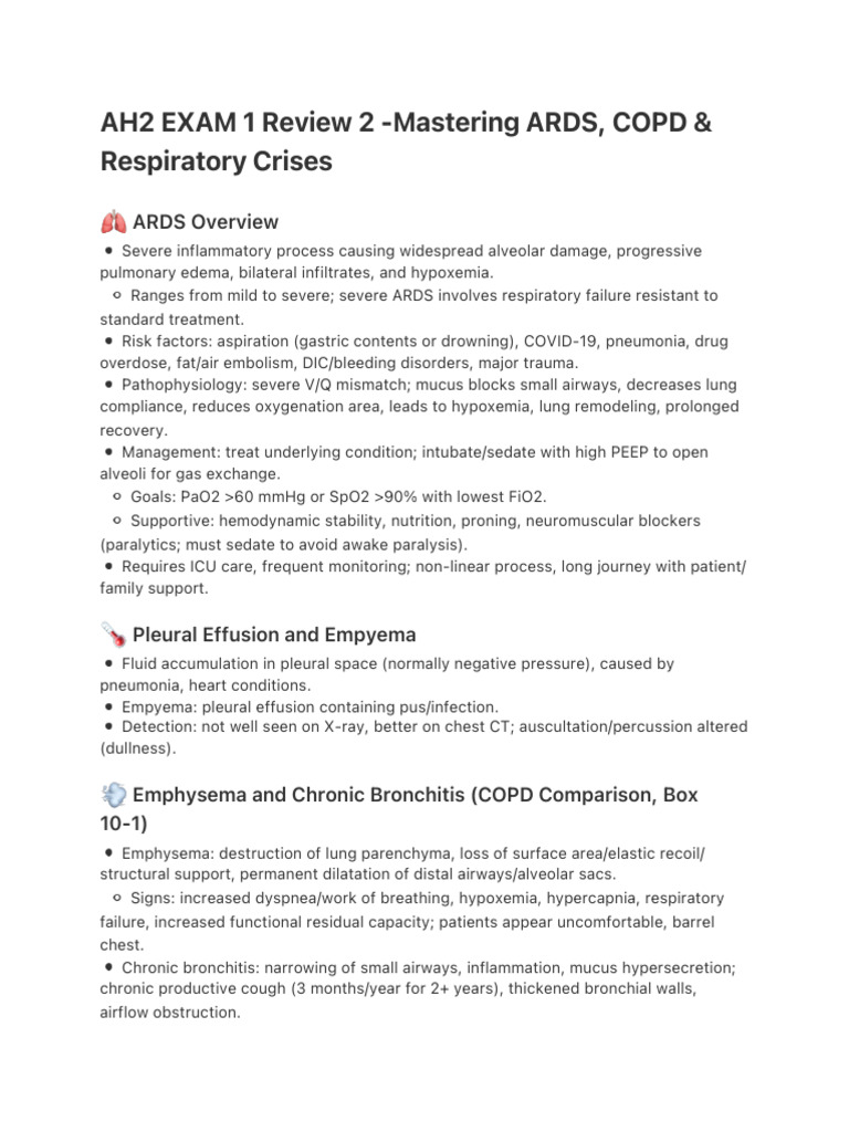 ? AH2 EXAM 1 Review 2 -Mastering ARDS, COPD & Respiratory Crises | PDF ...