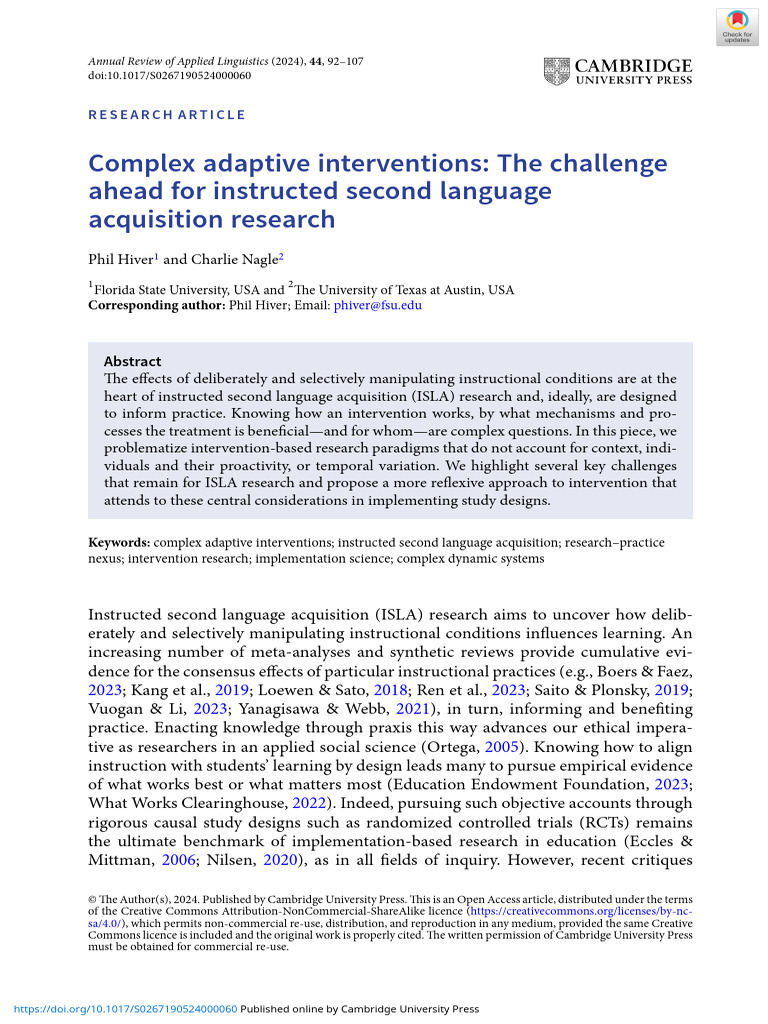 Complex Adaptive Interventions the Challenge Ahead for Instructed ...