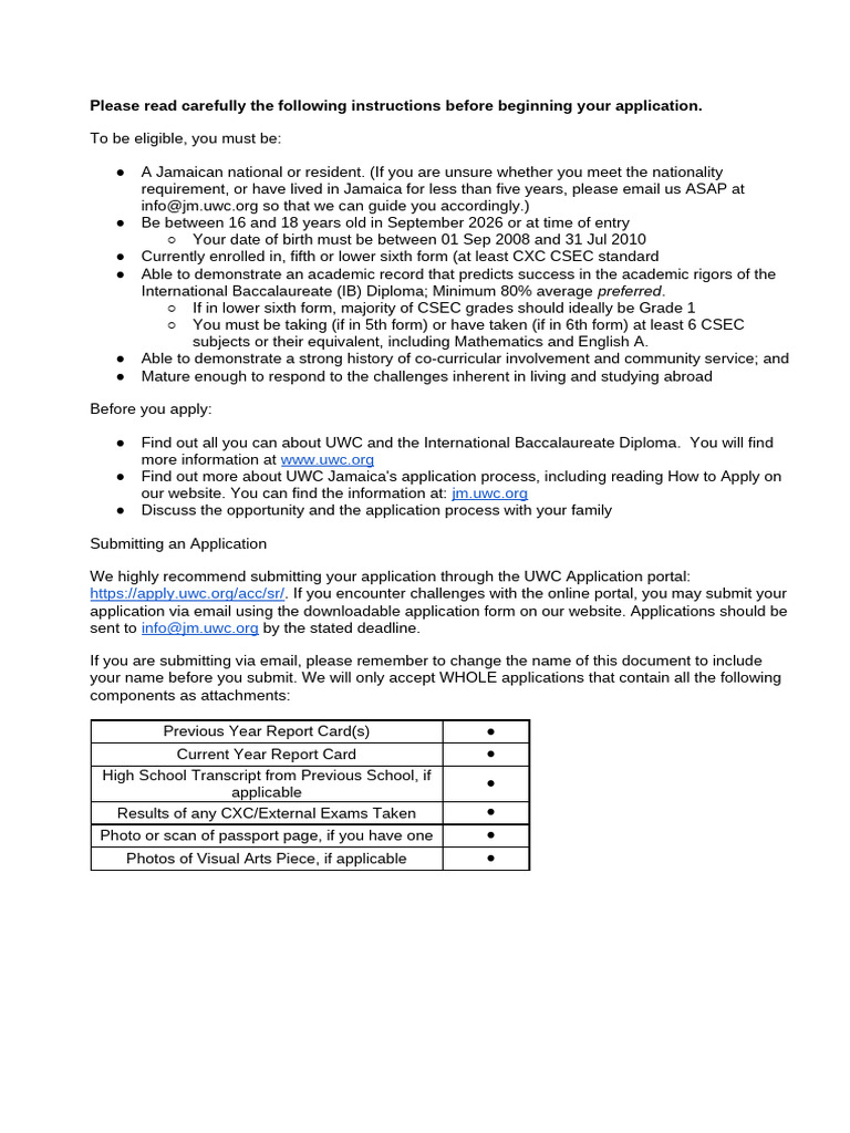 UWC Jamaica 2026 Application Instructions 2 | PDF | Qualifications ...