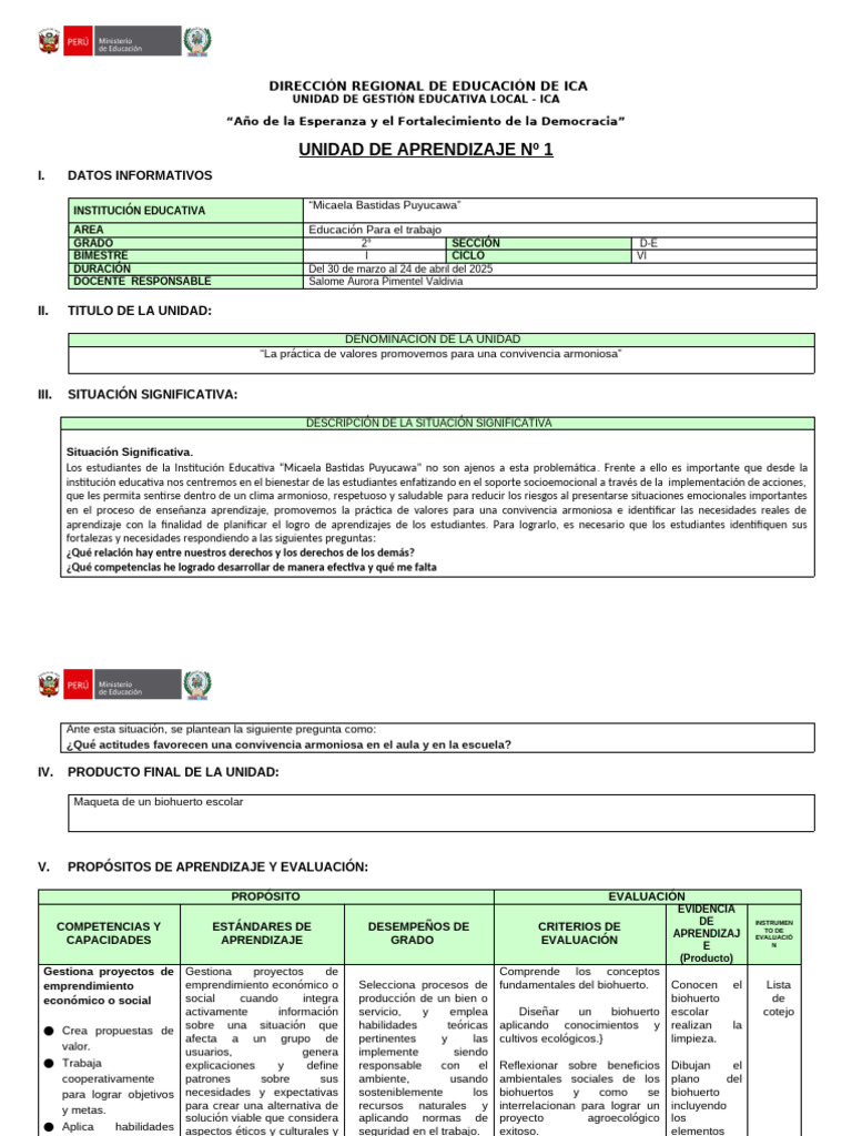 Unidad 1 de Aprendizaje - 2026 Ept | PDF | Evaluación | Iniciativa ...