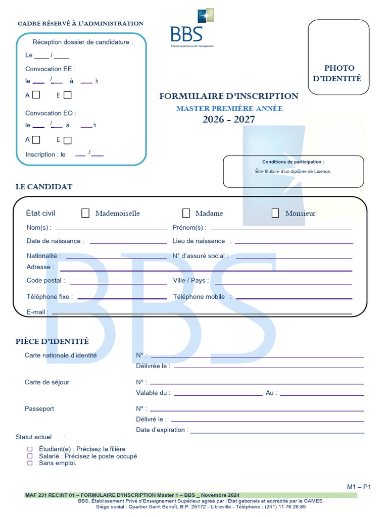 Formulaire D Inscription M1 BBS 2026 | PDF
