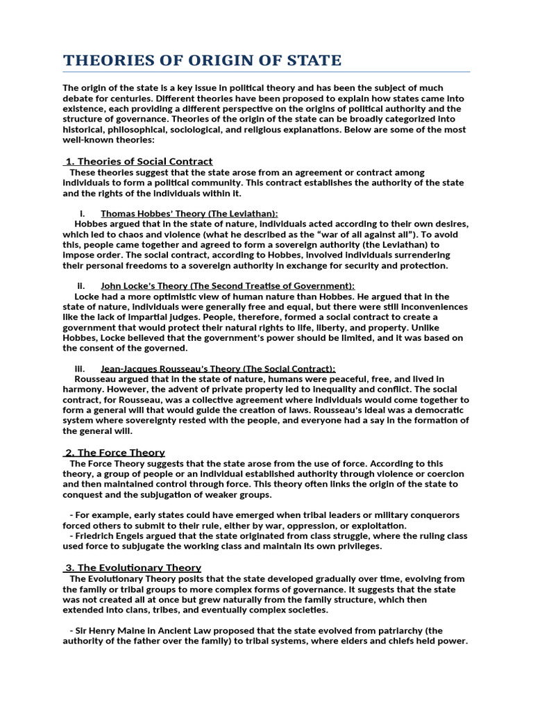 Theories of Origin of State | PDF | State (Polity) | Social Contract