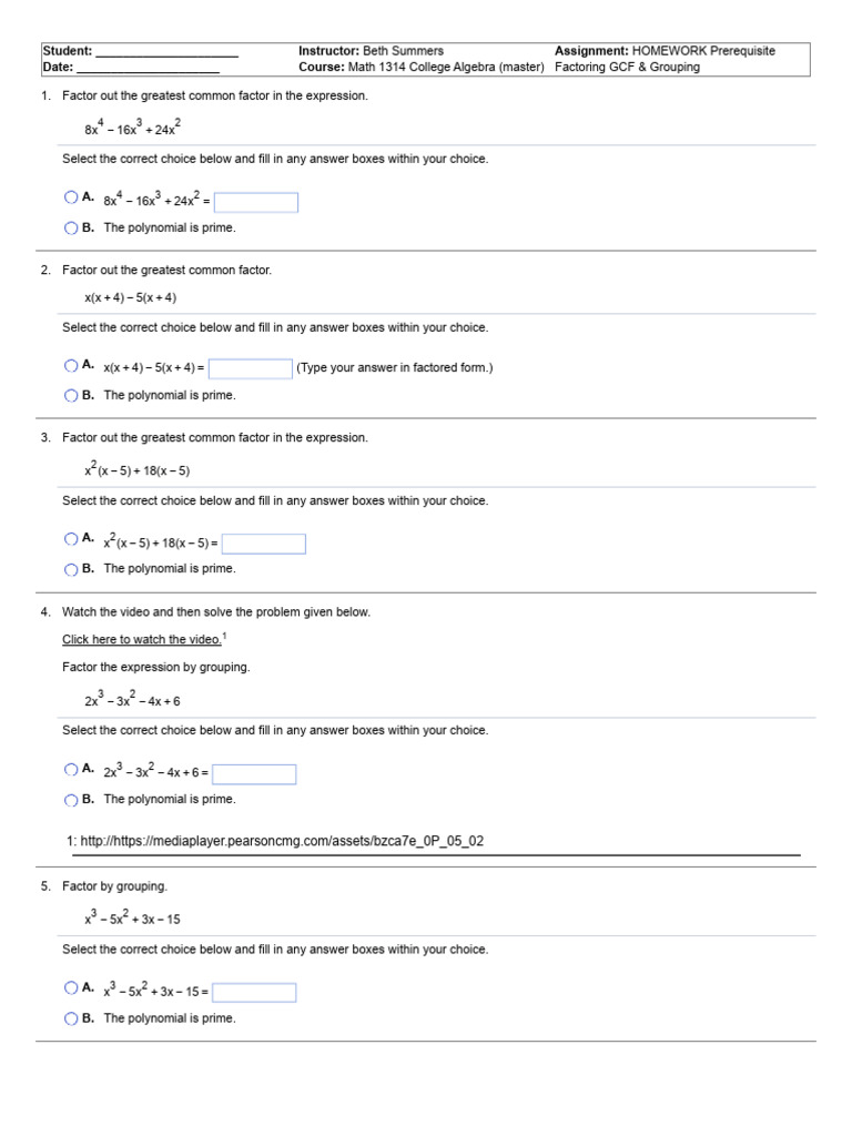 HOMEWORK Prerequisite Factoring GCF & Grouping | PDF