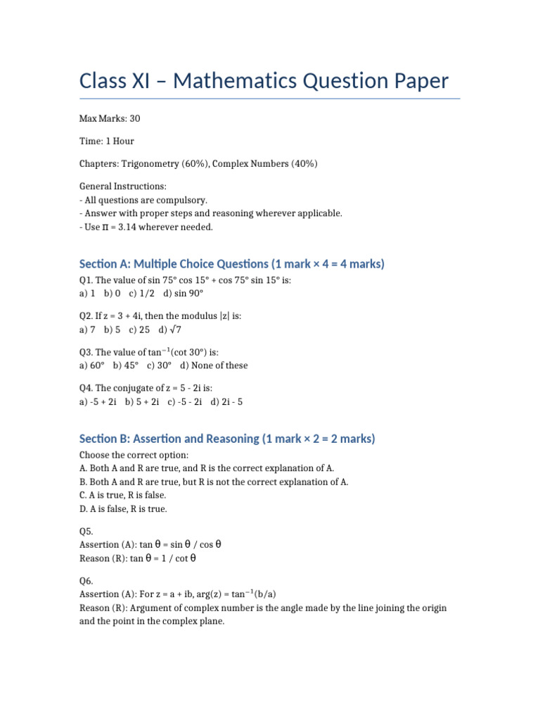 Class 11 Math Question Paper Trigonometry Complex | PDF