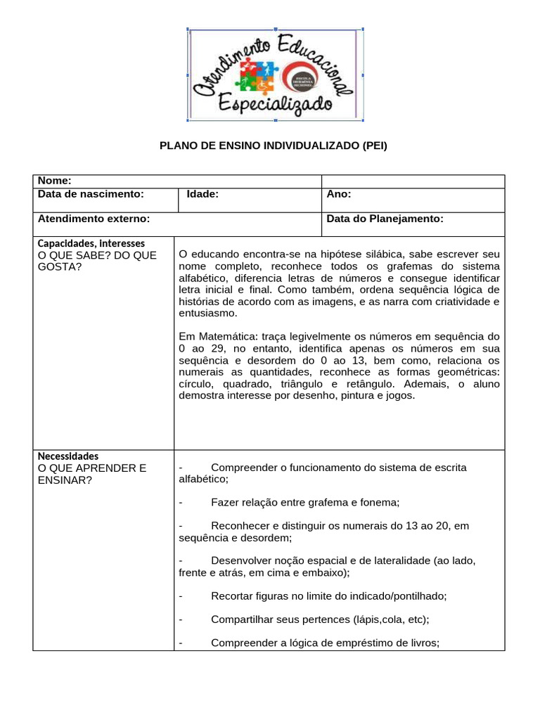 Plano de Ensino Individualizado (Pei) : Capacidades, Interesses | PDF ...