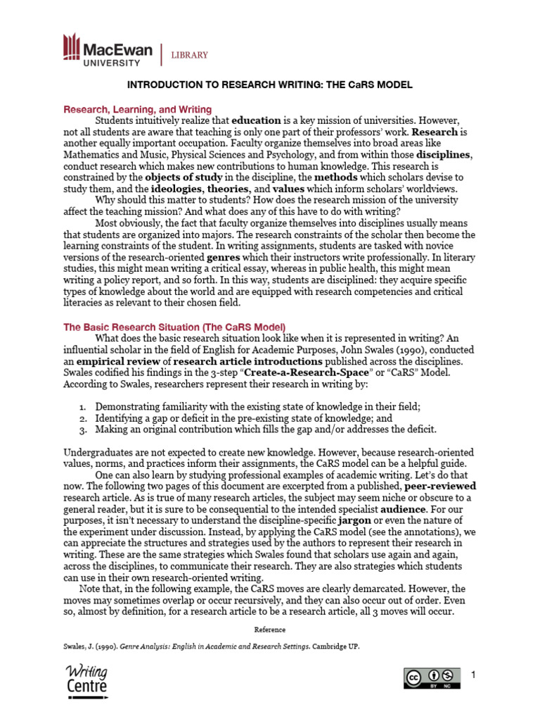 Introduction to Research Writing the Cars Model | PDF | Knowledge ...