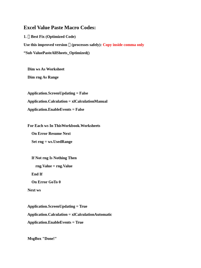 Excel Value Paste Macro Codes | PDF