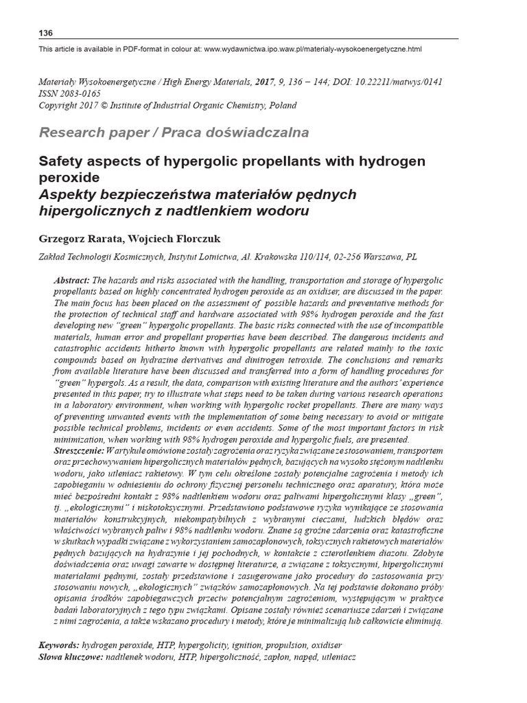Safety aspects of hypergolic propellants with hydrogen peroxide ...