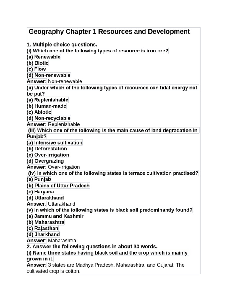 NCERT Solution for Class 10 Geography Chapter 1 Resources and ...