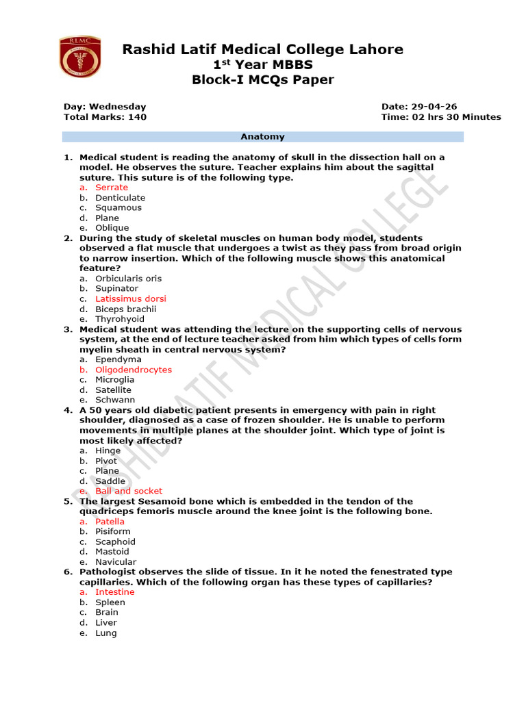 1st Year MBBS Block-1 Paper (29!04!26) | PDF | Coagulation | Platelet
