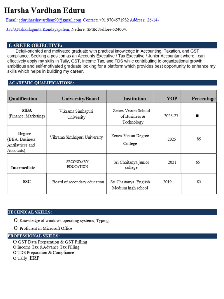 Eduru Harsha Vardhan Resume | PDF