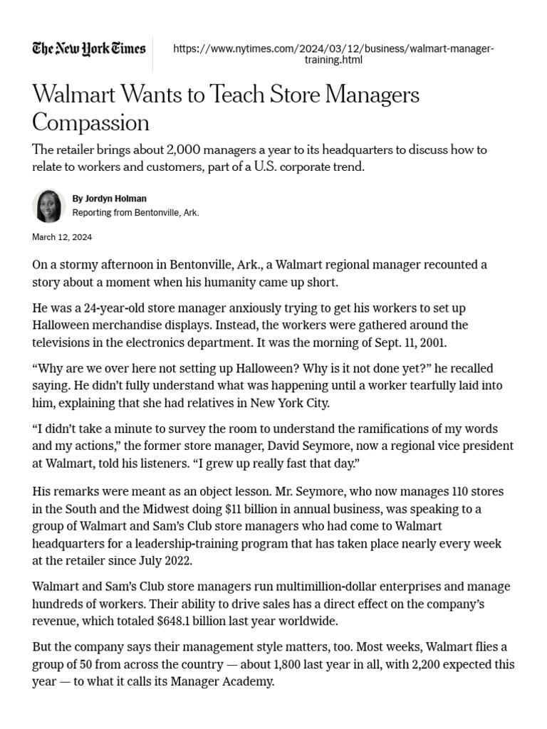 Walmart Wants to Teach Store Managers Compassion - The New York Times | PDF