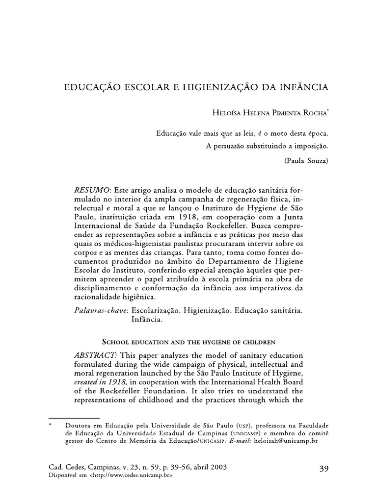 ROCHA, Heloísa. Educação Escolar e Higienização Da Infância | PDF