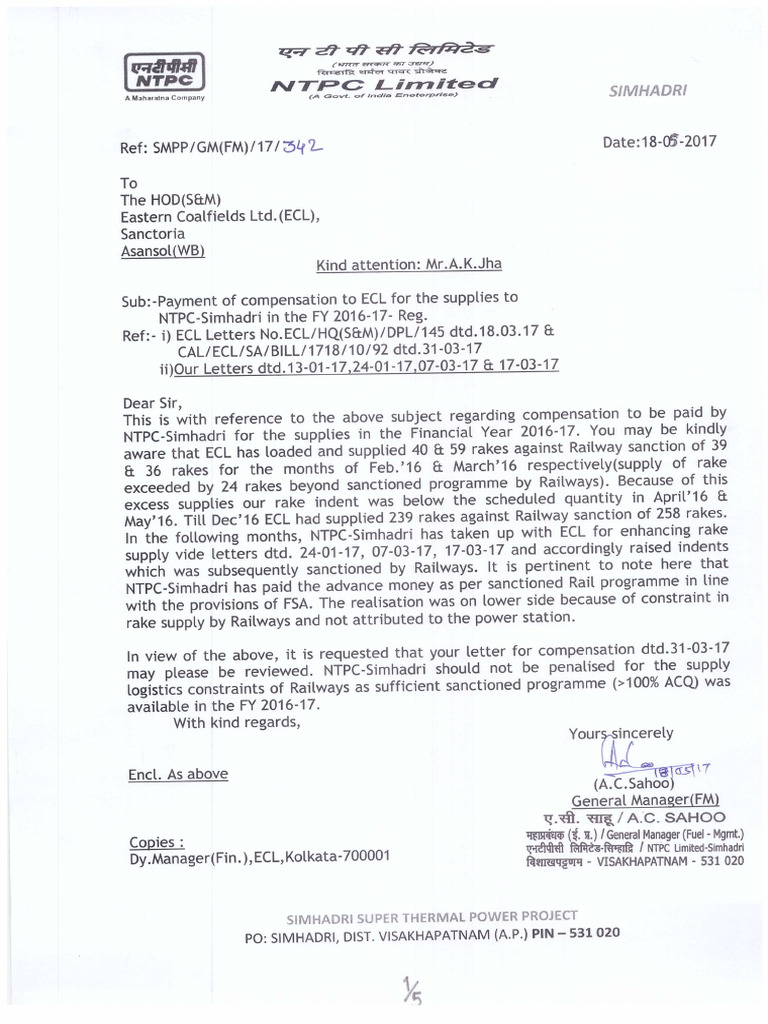 Letter to ECL Dtd17.05.17 on Compensation Claim by ECL for FY2016-17 | PDF