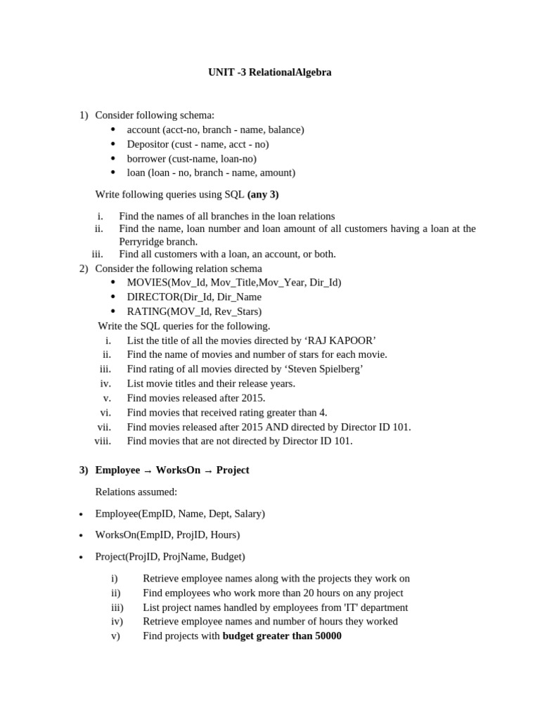 Unit 3 Questions Relational Algebra | PDF